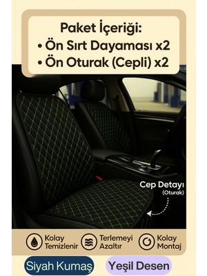 Nissan Micra 2010-2016 Uyumlu Kumaş Oto Koltuk Minderi Ergonomik Kapitone 2'li Siyah Yeşil