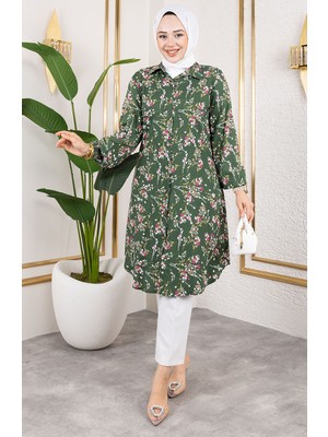 Asel Çiçekli Viskon Tunik 0174-01 Haki