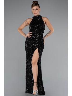 Halter Yaka Bacak Dekolteli Uzun Pullu Abiye ABU5135