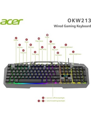 Acer OKW213 Gri Rgb Rainbow Backlit Gaming Keyboard Rainbow (Kablo Uzunluğu 1,5mt)