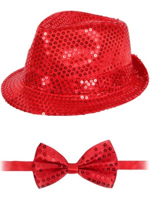 Kırmızı Payetli Şapka ve Papyon Seti – Parıltılı Yetişkin Kostüm Seti
