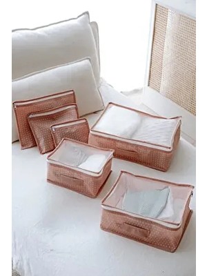 Serstil 6'lı Valiz Düzenleyici Bavul Içi Organizer Set Seyahat Hurcu Pembe Puantiyeli