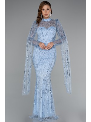 Şallı Uzun Kol Dik Yaka Boncuklu Abiye ABU5152