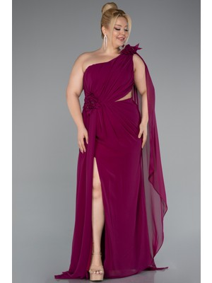 Tek Omuz Yırtmaçlı Uzun Şifon Büyük Beden Abiye ABU5145