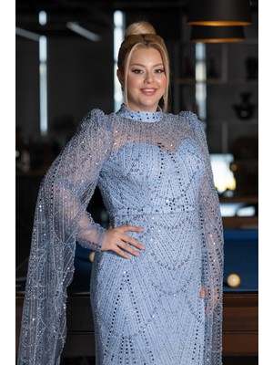 Uzun Kol Dik Yaka Boncuklu Büyük Beden Abiye ABU5153