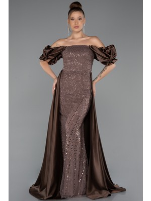 Kayık Yaka Saten Kuyruklu Uzun Boncuklu Abiye ABU5154