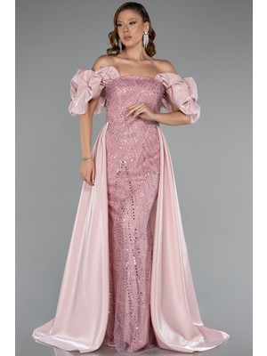 Kayık Yaka Saten Kuyruklu Uzun Boncuklu Abiye ABU5154