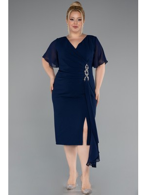 Şifon Kısa Kol Midi Büyük Beden Davet Elbisesi ABK2401