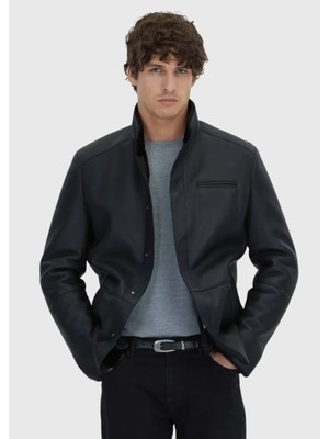 Siyah Regular Fit Dik Yaka Casual Koyun Kürkü Deri Mont