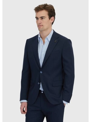 Koyu Lacivert Çizgili Modern Fit Yün Karışımlı Takım Elbise