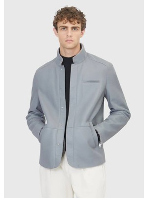 Gri Regular Fit Dik Yaka Casual Koyun Kürkü Deri Mont