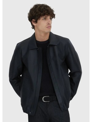 Siyah Regular Fit Gömlek Yaka Casual Koyun Derisi Deri Mont