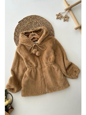 Miniğimin Cicileri Pelüş Kız Çocuk Kapüşonlu Kız Çocuk Mont - Taba