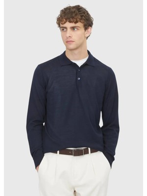 Lacivert Polo Yaka Düz Örgü Yün Karışımlı Triko Kazak