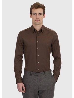 Kahverengi Düz Casual Fit Dokuma Casual Ipek Karışımlı Gömlek