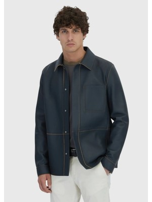 Gri Regular Fit Gömlek Yaka Casual Koyun Derisi Deri Mont