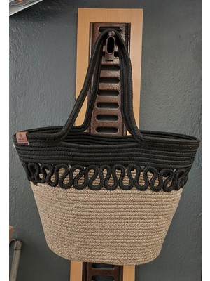 Doğal Hasır Jüt El Örmesi Günlük Kullanım ve Plaj Için Uygun Bayan Çanta-Bej Siyah Trikotlu