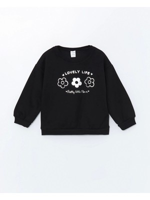 Lcw Kids Siyah Bisiklet Yaka Kalın Baskılı Kız Çocuk Sweatshirt