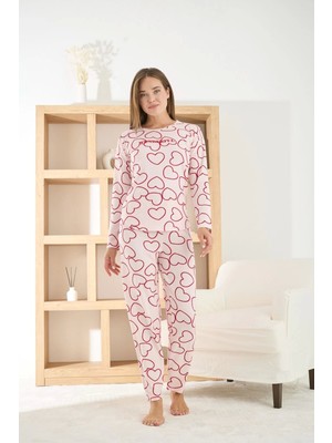 Pijamoni Kadın Petek Kumaş Kalp Desenli Bisiklet Yaka Pijama Takımı - 8915