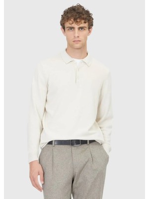 Ekru Polo Yaka Düz Örgü Yün Karışımlı Triko Kazak