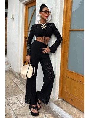 Göğüs Bağcık Detaylı Ajurlu Bluz Pantolon Takım 10098