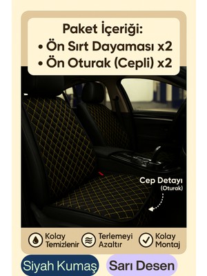 Honda City 2002-2008 Uyumlu Kumaş Oto Koltuk Minderi Ergonomik Kapitone 2'li Siyah Sarı