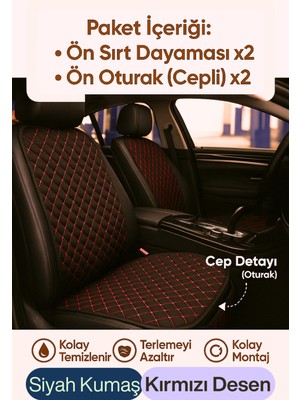 Hyundai Genesis Bh 2009-2014 - Sedan Uyumlu Kumaş Oto Koltuk Minderi Ergonomik Kapitone 2'li Siyah Kırmızı