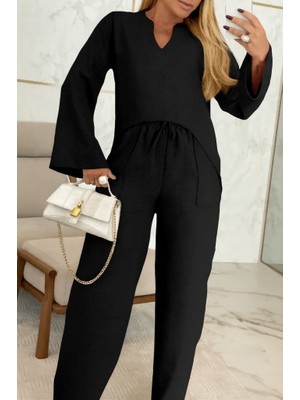 Gökyüzü Moda Kadın Uzun Kollu V Yakalı Keten Bluz Bağcıklı Pantolon Ikili Takım