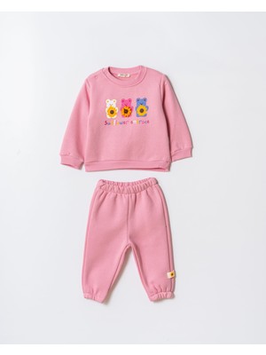 Kız Çocuk Pamuklu Pembe Ayıcık Baskılı Sweatshirt ve Eşofman Takım