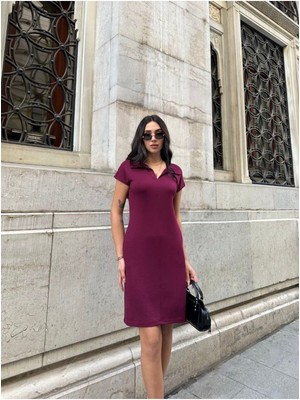 Polo Yaka Cepli Önü Çımalı Bordo Elbise