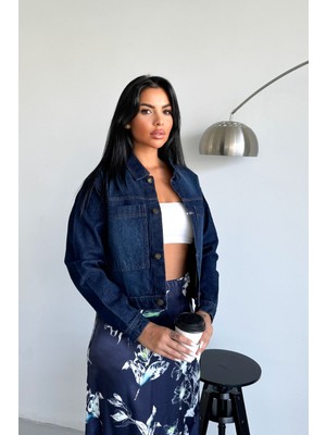 Hlt Jeans Kadın Koyu Mavi Jean Denim Regular Fit Cepli Düğmeli Kot Ceket %74.5 Pamuk