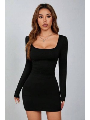 Kare Yaka Uzun Kollu Likralı Mini Elbise