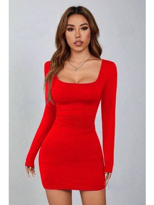 Kare Yaka Uzun Kollu Likralı Mini Elbise