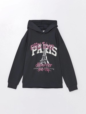Lcw Kids Antrasit Kapüşonlu Baskılı Uzun Kollu Kız Çocuk Sweatshirt