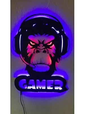Bir2bir Hediyelik Ledli Gamer Maymun Ahşap Duvar Tablosu - Gamer Dekor - Yayıncı Dekoru