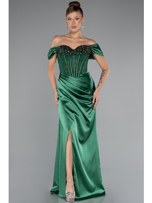 Kayık Yaka Taşlı Balen Uzun Saten Abiye ABU5130