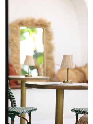 Rattan & Bambu Kablosuz Pilli Abajur Masa Lambası - Alt Uzun Eskitme Gold