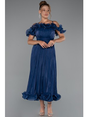 Fırfırlı Kayık Yaka Midi Şifon Davet Elbisesi ABK2425