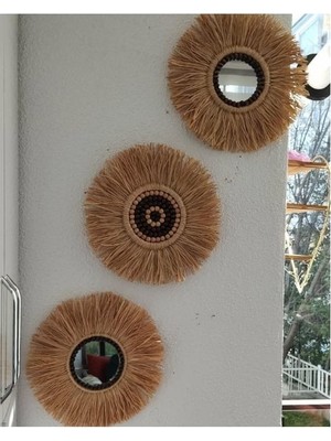 3lü Boncuklu Duvar Süsü Aynalı Rafya