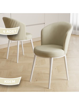 Risa Serisi 4 Adet Krem Mutfak Sandalyesi Beyaz Metal Ayak 1.sınıf Babyface Kumaş