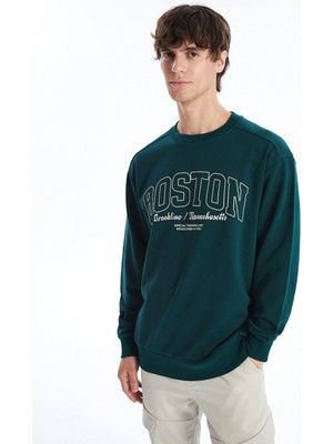 Xsıde Yeşil Bisiklet Yaka Baskılı Erkek Kalın Sweatshirt