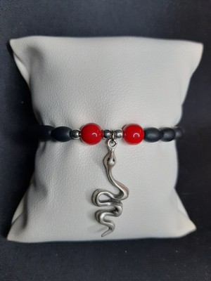 Mryart Oniks Taşı Kırmızı Cam Boncuk Detaylı Yılan Figürlü Bileklik Unisex