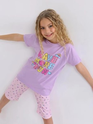 Minykids Kalp Desen Lila Kapri %100 Pamuklu Kız Çocuk Pijama Takım