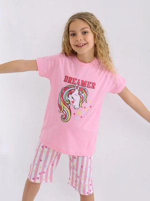 Minykids Unicorn Desen Pembe Kapri %100 Pamuklu Kız Çocuk Pijama Takım