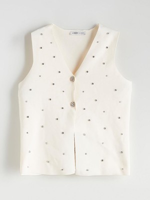 V Yaka Taşlı Kadın Triko Yelek  (W5)