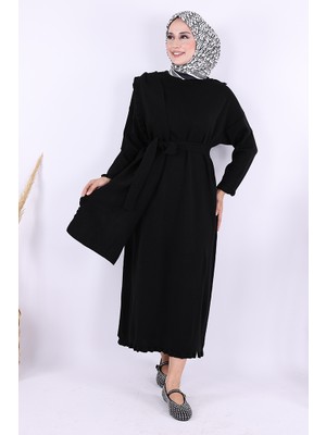 Omuzda Apolet Fırfırlı Triko Elbise 17030 Siyah
