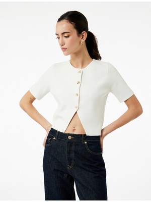 Asimetrik Kısa Kollu Bisiklet Yaka Düğmeli Hırka