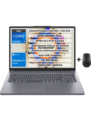 Lenovo Ip Slim 3 Intel Core I7 13620H 40GB 1TB SSD 16" Wuxga IPS Windows 11 Home Taşınabilir Bilgisayar 83K2001WTR - Lenovo Mouse WZ26