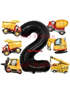 Parti Station Inşaat Araçları Konsept Doğum Günü 2 Yaş Balon Set Mini Boy Kepçe Dozer Mikser Kamyon Forklift Balon