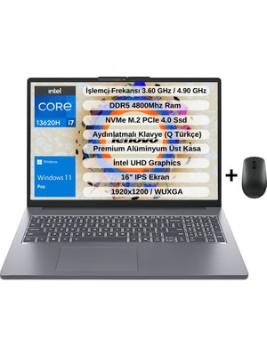 Lenovo Ip Slim 3 Intel Core I7 13620H 16GB 2tb SSD 16" Wuxga IPS WIN11PRO Taşınabilir Bilgisayar 83K2001WTR - Lenovo Mouse WZ30